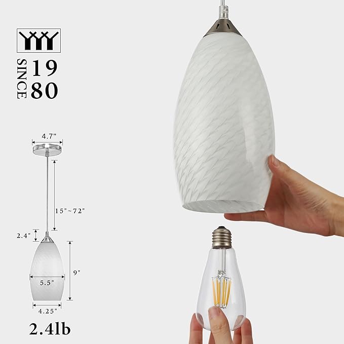 Pendant Lighting, Modern White Fishline Handblown Glass, Oval Art Shade Hanging Light, Brushed Nickel Hardware for Kitchen, Dining Room, Foyer Decor 4.7" Shade (1 Pack)