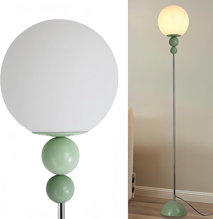 Modern Glass Floor Lamp for Bedroom, 63'' Vintage Mid-Century Floor Lamp with Milky White Frosted Glass Globe Shade for Living Room Corner, Slim Standing Reading Lamp for Office Decor (Pastel Green)