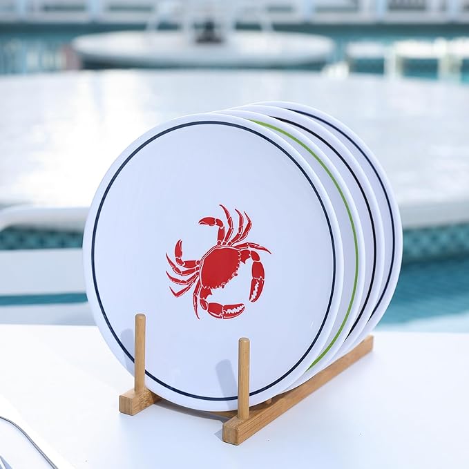 10-Inch Melamine Plates Set of 4 – Serving Dinnerware for Indoor/Outdoor Use, Ocean-Themed Design with Turtle, Crab, Lobster & Fish Patterns, Durable Dishwasher-Safe Plates‌,Sea Life