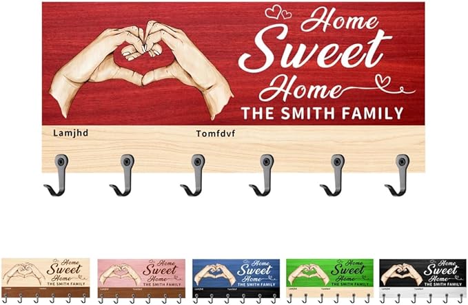 Personalized Sweet Home Key Holder Custom Name Wall Mounted Family Key Hooks Coat Rack for Entryway Hallway Home Decor Organizer Hanger Birthday Wedding Housewarming Gifts for Family Couple