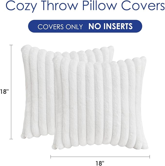 Throw Pillow Covers Decorative Faux Fur Set of 2 18x18 Inch Pillow Covers, Soft Cream White Striped Pillowcases for Couch Sofa Bed Living Room, Fluffy Cute Home Boho Accent Fuzzy Decor