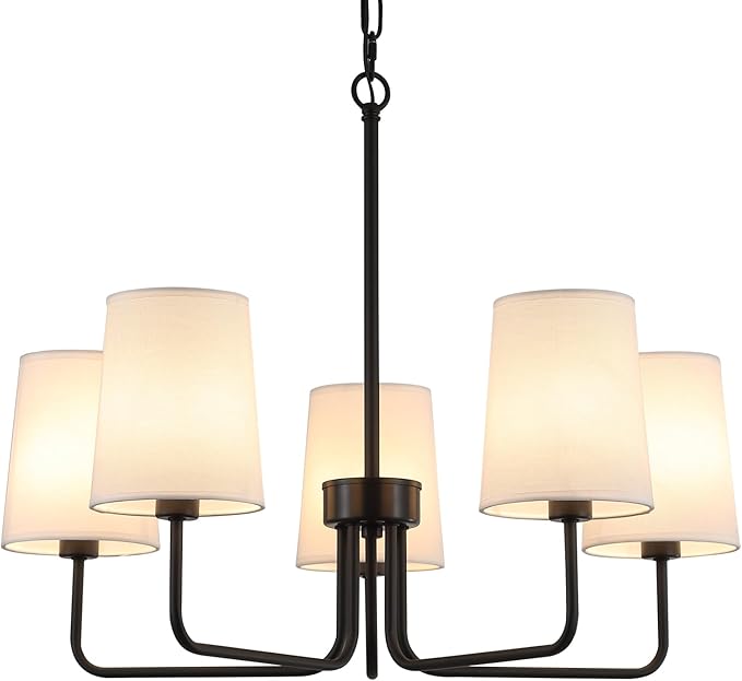 AMZASA Farmhouse Chandelier, Matte Black with White Fabric Shade, Farmhouse Linear Island Lighting Fixture for Kitchen, Dining Room (5-Light Matte Black with Fabric Shades)