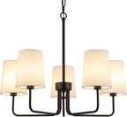 AMZASA Farmhouse Chandelier, Matte Black with White Fabric Shade, Farmhouse Linear Island Lighting Fixture for Kitchen, Dining Room (5-Light Matte Black with Fabric Shades)