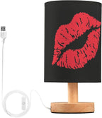 Table Lamp Sexy Red Lip on Black Nightstand Lamp with Wood Base Fabric Lamp Shade Bedside Desk Lamp for Living Room Bedroom Kids Room Office