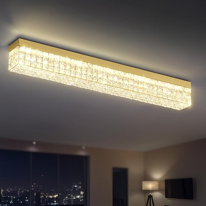 L 40" Modern Rectangle Chandelier Gold Rectangular Flush Mount Chandelier Crystal Ceiling Light Fixture for Dining Living Room Kitchen Island
