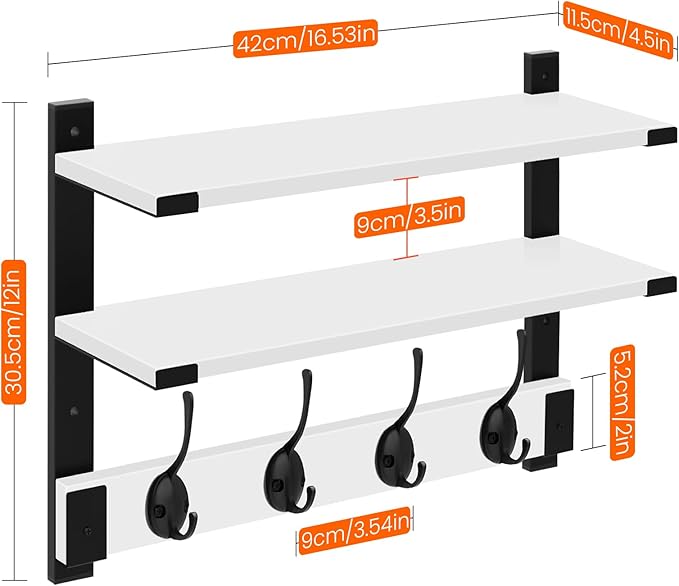 Homode Two-Tier Coat Rack with Shelf, 17 Inch Wood Coat Hanger Wall Mount, Entryway Wall Shelf with Heavy Duty Key Hooks, Hanging Storage Shelves for Display Books Plants Photos, White
