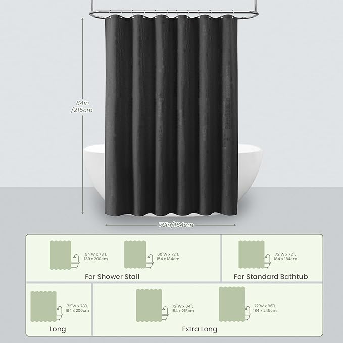 Inhousolu Fabric Shower Curtain Waffle Weave, 230 GSM Heavy Duty, Weighted Hem, 14 Metal Hooks, Water Repellent, Machine Washable, Hotel Spa Luxury Bath Curtain Set, 72 x 84 Inch, Black