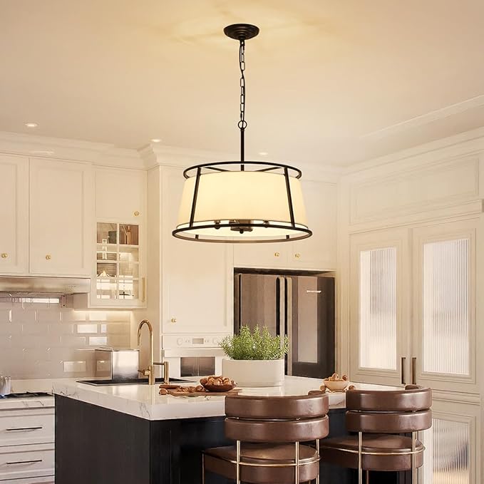 Shrine Lighting Drum Chandeliers, Modern Style, Perfect Pendant Light Fixture for Dining Room, Living Room, D20'' x H9'', Adjustable Chains 59'', E12*4 Sockets, White Lampshade & Black Finish Frame