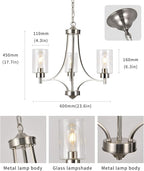 BOZO 3 Light Modern Chandelier Brushed Nickel Pendant Lighting Clear Glass Shades Contemporary Ceiling Light Fixtures for Dining Room Kitchen Living Room