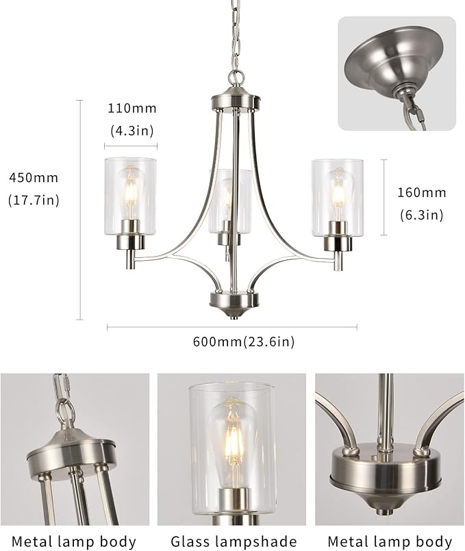 BOZO 3 Light Modern Chandelier Brushed Nickel Pendant Lighting Clear Glass Shades Contemporary Ceiling Light Fixtures for Dining Room Kitchen Living Room