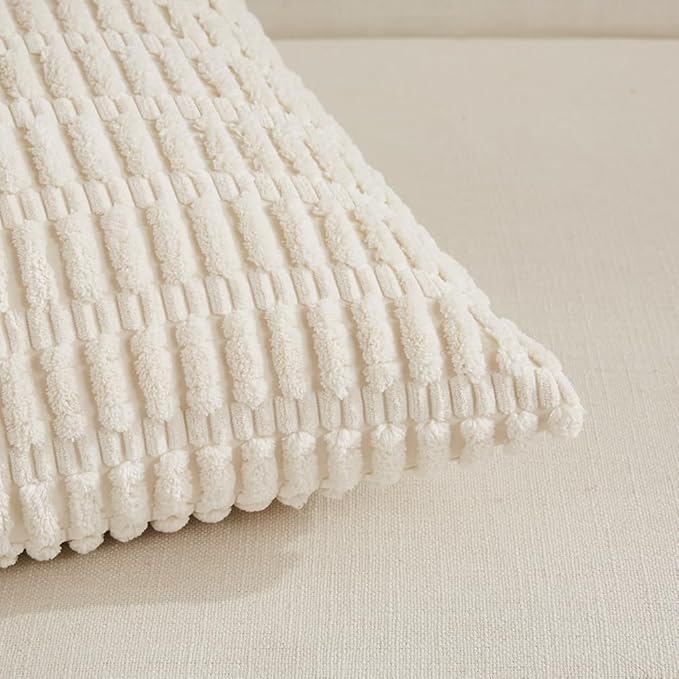 Fancy Homi 24x24 Pillow Covers, Cream White Throw Pillow Covers with Stripe Pattern, Super Soft Corduroy Square Solid Cushion Cover for Couch Sofa Bedroom Living Room 60x60 cm