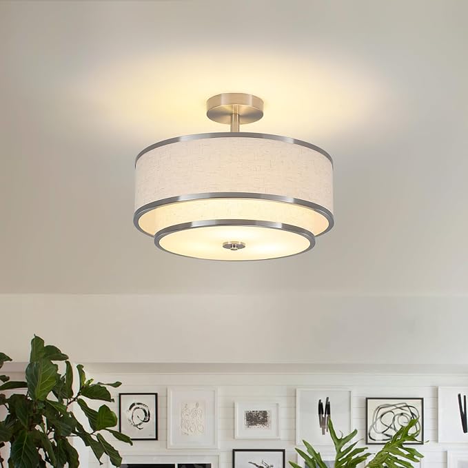 BUXVRCS Semi Flush Mount Ceiling Light Fixture, Modern Light Fixtures Ceiling Mount with Fabric Shade, 3-Light Double Drum Lighting Fixtures Close to Ceiling Light for Bedroom (Brushed Nickel)