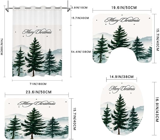 4pcs No Hook Christmas Shower Curtain Set, Merry Christmas Holiday Shower Curtain, Non-Slip Rug Toilet Lid Cover and Bath Mat, Green Xmas Tree Bathroom Decor Set, Waterproof, Washable.