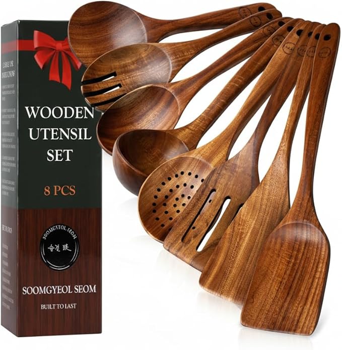 100% Natural Teak Wood Wooden Utensil Set – 8 Pcs Durable Kitchen Spoons for Cooking – Non-Stick & Heat Resistant, Eco-Friendly & Comfortable Grip