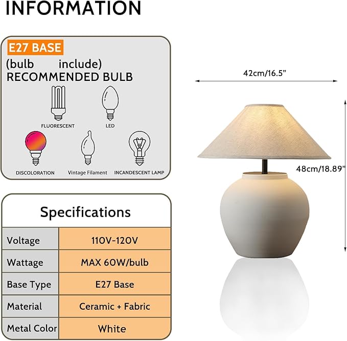 Farmhouse Table Lamps Black 18.8" Tall Ceramic Table Lamp Rustic Southwestern Clay Pot Ceramic Lampshade with Fabric Shade Bedside Nightstand for Living Room Bedroom House Office Entryway (White)