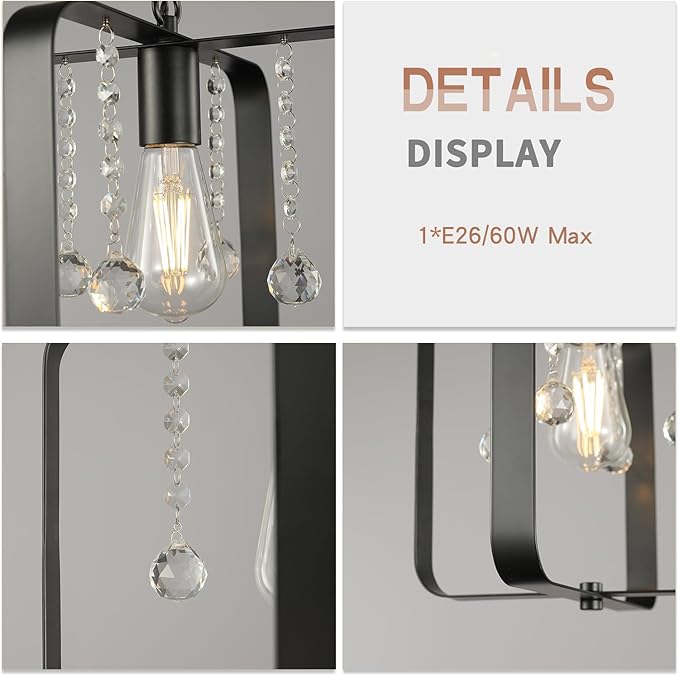 Farmhouse Crystal Chandelier,12 Inch Modern Geometric Rustic Vintage Hanging Pendant Ceiling Light Fixture for Dining Room Bedroom Kitchen Island Hallway Foyer Entryway