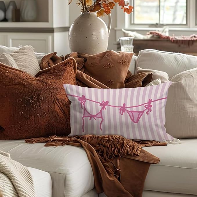 Beachy Throw Pillow Cover 12x20, Pink Coastal Room Decor, Trendy Indoor Outdoor Lumbar Pillow Cover, Preppy Bikini Prints Girls Room College Dorm Sofa Couch Decor