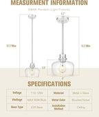 Emak Brushed Nickel Pendant Lights, Modern 8 Inch Clear Glass Pendant Light Fixtures for Kitchen, Bathroom, Bedroom, Dining Room, PL122-BN-CG
