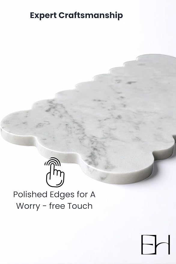 Natural Marble Tray, 12 x 6 inches Serving Board, Bathroom Organizers and Storage, Scallop Stone Present for Home Kitchen Vanity Countertop Decor (Marble, Carrara White)