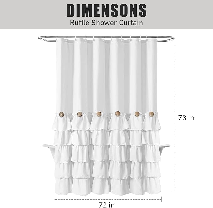 White Ruffle Shower Curtain Farmhouse Shower Curtain Set with 12 Hooks 72 X 78 inch Fabric Shower Curtains with Buttons & White Ruffles for Bathroom Bathtubs Decor Accessory