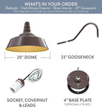 Steel Lighting Co. Redondo Barn Light | Outdoor Wall Mounted | 20 inch Dome | 23 inch Gooseneck | Large Farmhouse Warehouse Light Made in America | Dark Bronze Exterior/Brass Interior