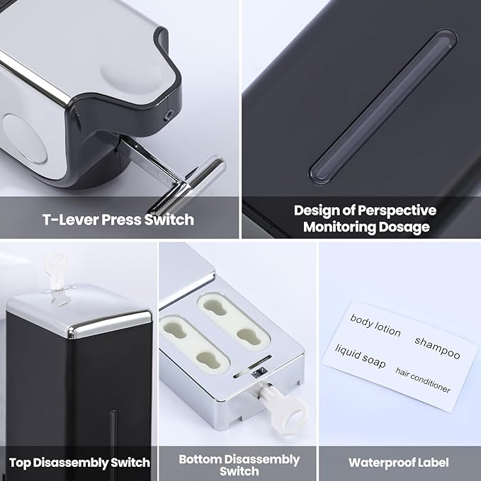 3-in-1 Quadrate Dispensers for The Shower,Shower soap Dispenser,Conditioner Dispenser, Shampoo Dispenser,No Drilled Wall Mounted Distributor,Hotel,Bathroom,Home (Triple, Black)