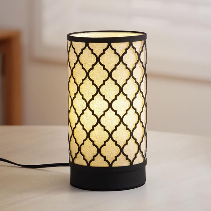 Cerdeco Small Table Lamp with Two-Tier Linen Shade and Black Metal Floral Cut-Out Pattern,Bedside Lamp,Easy Intallation,E26 Socket Lamp(Bulb is not Included), Desk Lamp for Bedroom,Living Room,Home