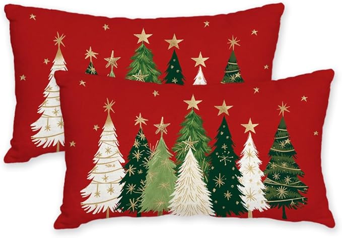 AACORS Christmas Pillow Covers 12X20 Set of 2,Watercolor Christmas Tree Stars Decoration Holiday Farmhouse Winter Pillow Case for Sofa Couch Decor（Red） AA231-12-2