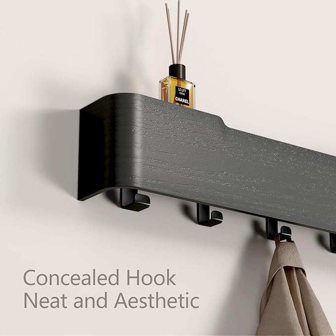 Coat Rack Wall Mount Entryway Organizer Modern Key Holder Wall Mount with Wooden Shelf Entryway Hooks for Bedroom Kitchen Hallway Bathroom for Hanging Coats Hats Bags Towels
