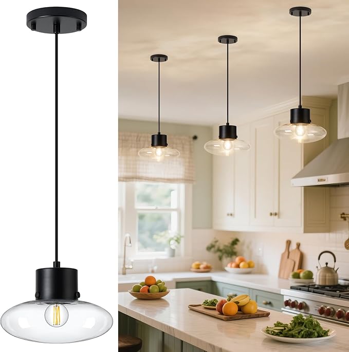 Glass Pendant Lights Kitchen Island, 1-Light Black Modern Pendant Light with Clear Glass, Mini Hanging Ceiling Lighting for Kitchen Sink Bathroom Bedroom, Adjustable Cord, OS-JJ1513-1PBK