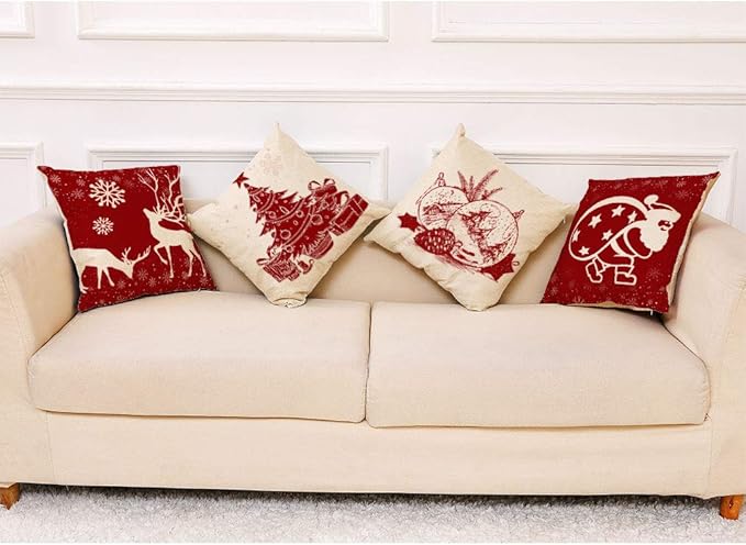Ogrmar 4PCS 18"x18" Throw Pillow Covers Christmas Decorative Couch Pillow Cases Cotton Linen Square Cushion Cover for Sofa, Couch, Bed (Red and Beige)