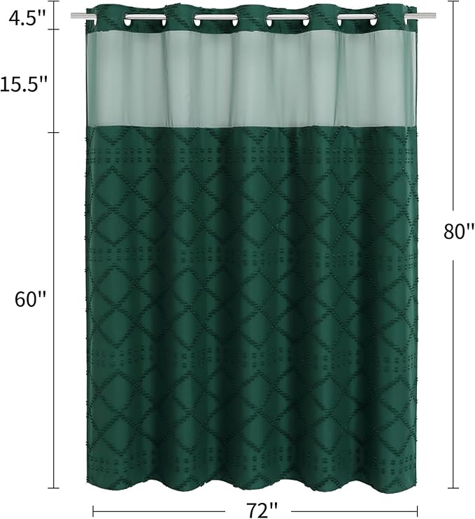 No Hooks Boho Dark Green Woven Fabric Shower Curtain 72 x 80 Modern Farmhouse, Tufted Chevron Striped Shabby Chic Textured, Minimalist Hookless Shower Curtains for Bathroom, Hotel Decor
