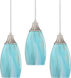 Mini Art Glass Pendant Lights Kitchen Island,Handcrafted Teal with Gold Glass Ceiling Pendant Lighting Brushed Nickel Adjustable Cord Hanging Lamp Cover for Coffe Bar,Dining Room 3pack