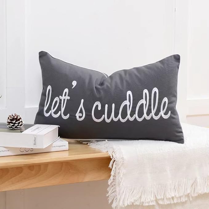 Sunkifover Dark Gray Decorative Lumbar Pillow Covers 12x20 Inches, Soft Solid Rectangular Pillowcase, Embroidered Rectangle Cushion Covers with Let's Cuddle Saying for Bed, Bedroom (Color Grey)