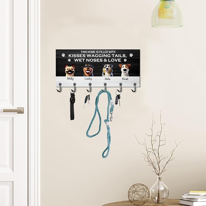 Personalized Dog Leash Holder for Wall Custom Dog Paw Cartoon Portrait with Name Key Hanger for Entryway Family Wall Mounted Pet Stuff Organizer Housewarming Home Decor Gifts for Pet Lovers