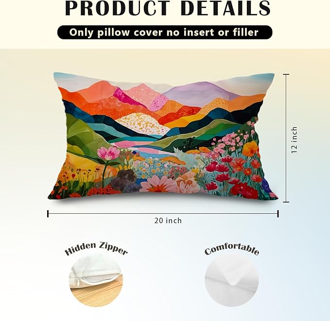 JINYO Abstract Mountain Pillow Covers 12x20 inch,Abstract Mountain Floral Pillow Cover Watercolor Landscape Decorative Pillow Covers for Home Bedroom Living Room Office Decor, Vintage Western Decor