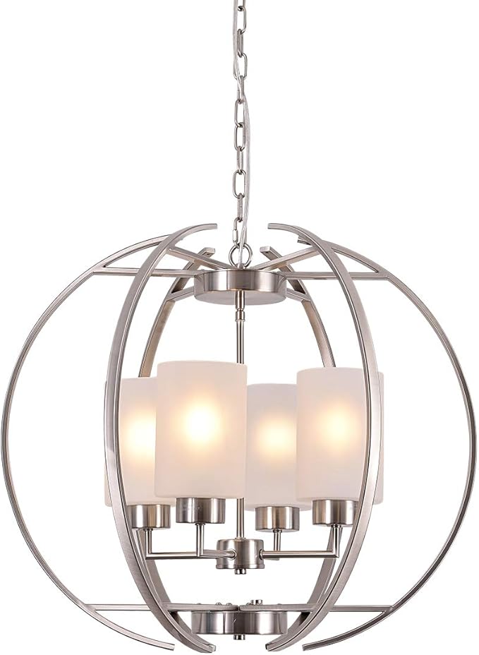 Globe Brushed Nickel Chandelier Dining Room Light Fixture Modern 24" Kitchen Chandeliers Over Table Hanging Industrial Pendant Lights for Island Foyer Restaurant