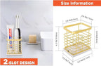HarJue Toothbrush Holder, Luxurious Metal Toothbrush Toothpaste Holder with Marble Base for Bathroom, Multi-Slots Openwork Design, Bathroom Accessory for Storage and Organizer (Small, Gold)