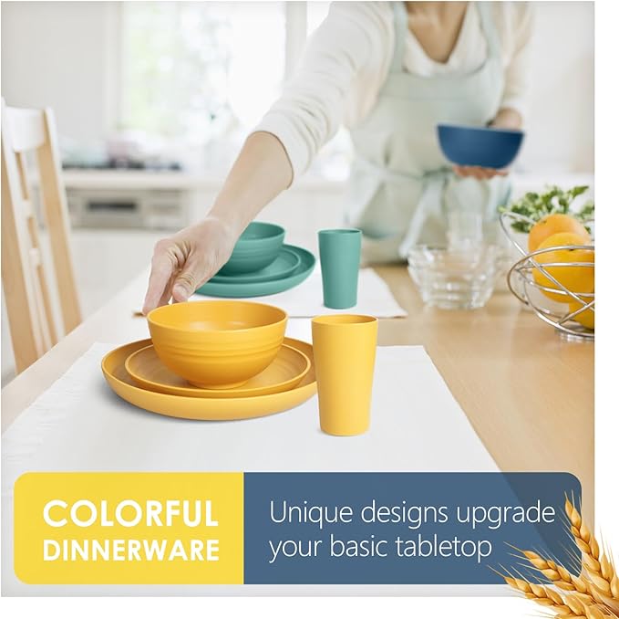 Teivio 48-Piece Kitchen Wheat Straw Dinnerware Set, Service for 12, Dinner Plates, Dessert Plate, Cereal Bowls, Cups, Unbreakable Colorful Plastic Outdoor Camping Dishes, Autumn Multicolor