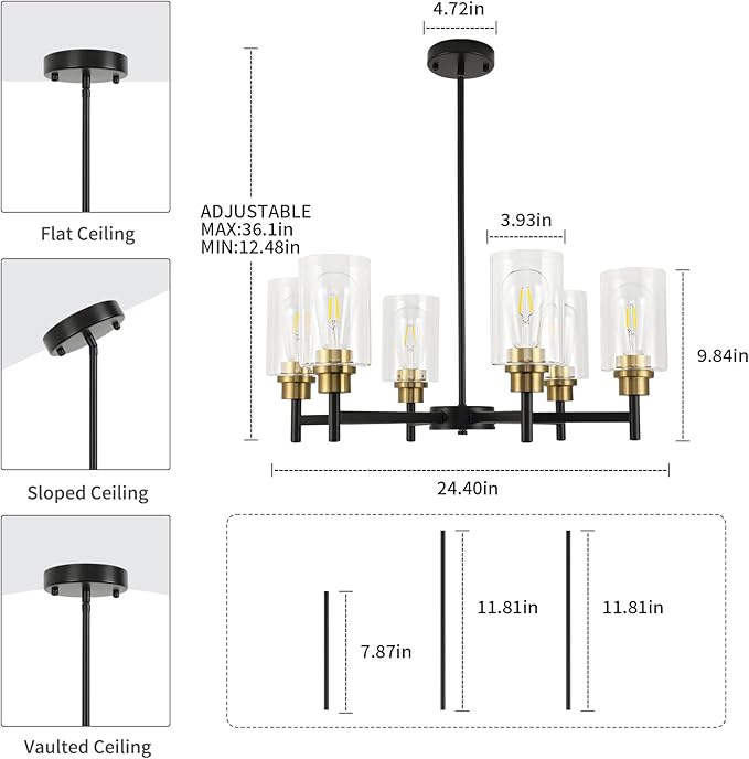 Farmhouse Chandeliers for Dining Room Black Chandelier 6 Light Dining Room Light Fixture with Clear Glass Shades Gold Pendant Lights for Kitchen Island Living Room Entryway Staircase