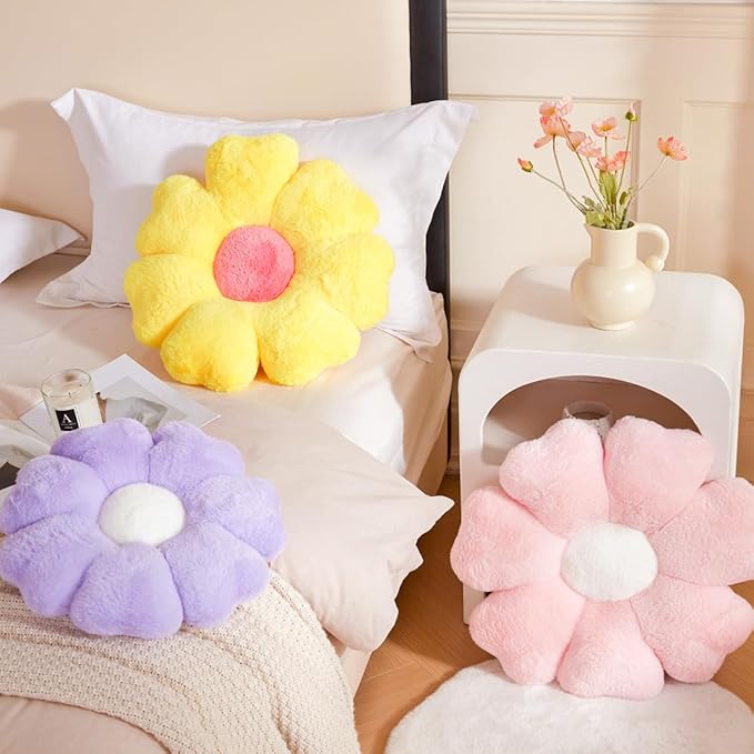 Flower Pillow, Pink Daisy Flower Decorative Pillows for Bed, Cute 19.6" Flower Shaped Pillow with Soft Faux Rabbit Fur Dorm Home Decor Floor Seating Cushion