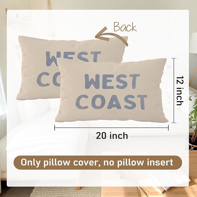 Coastal Throw Pillow Cover 12x20, Preppy West Coast Coquette Decor for Girls Room College Sofa Couch, Trendy Retro Dorm - West Coast