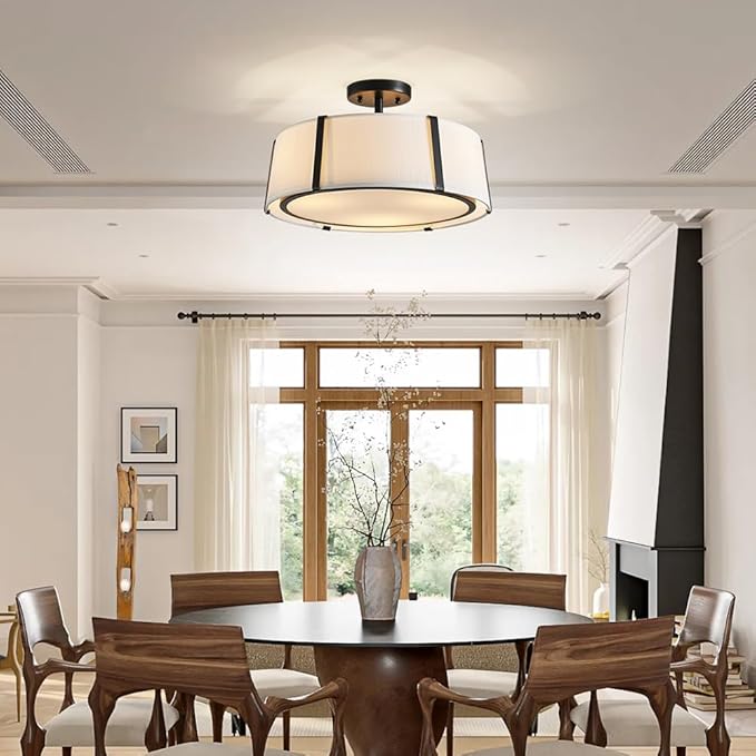 Shrine Lighting Drum Chandeliers, Modern Style, Perfect Ceiling Light Fixture for Living Space, D16'' x H9'', E12*3 Sockets, White Lampshade & Black Finish