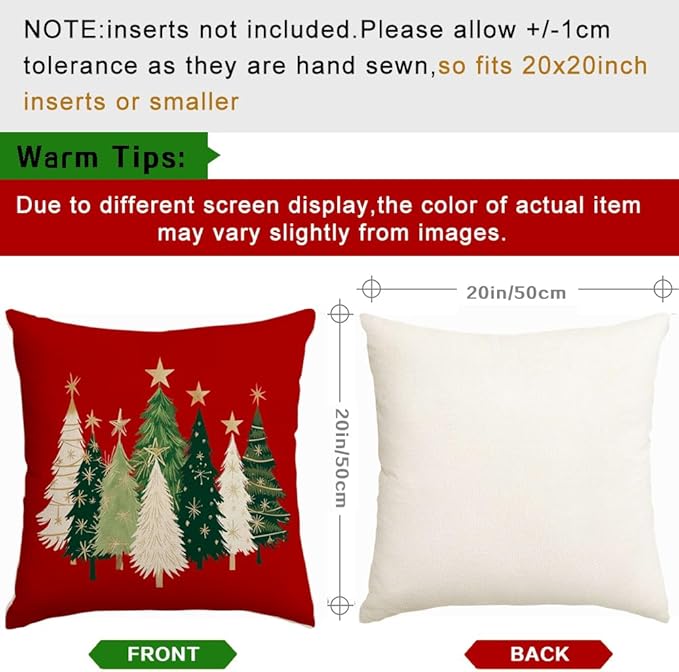 RABUSOFA Christmas Tree Pillow Covers 20x20 Inch,Watercolor Xmas Winter Decor Stars Red Holiday Cushion Case Decoration for Home Sofa Couch (Red, 20" x 20" (Pack of 1))