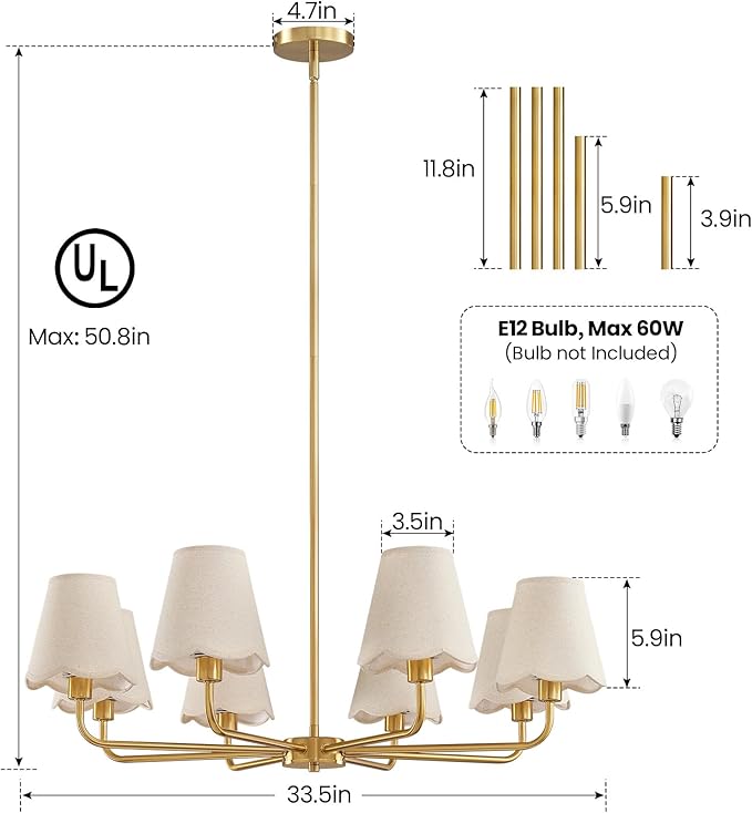 KAISITE Modern Gold Chandelier 8-Light Farmhouse Chandelier for Dining Room Industrial Dining Kitchen Light Fixture Over Table Ceiling Chandelier for Bedroom Living Room Foyer Entryway