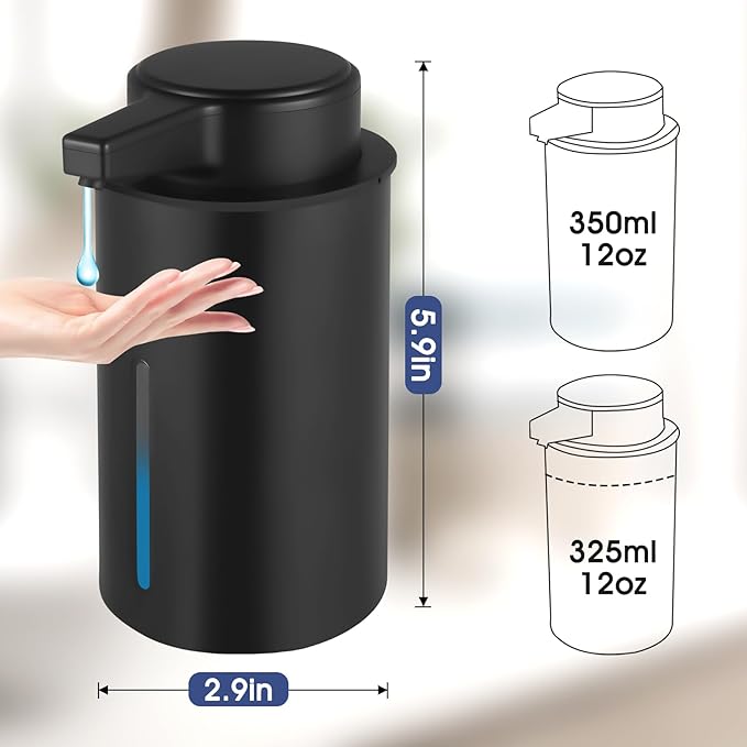 2 Pack Automatic Liquid Soap Dispenser, 13.5oz Touchless Electric Hand Soap Dispenser, Rechargeable Liquid Pump for Bathroom or Kitchen Sink, Waterproof Design (Black)