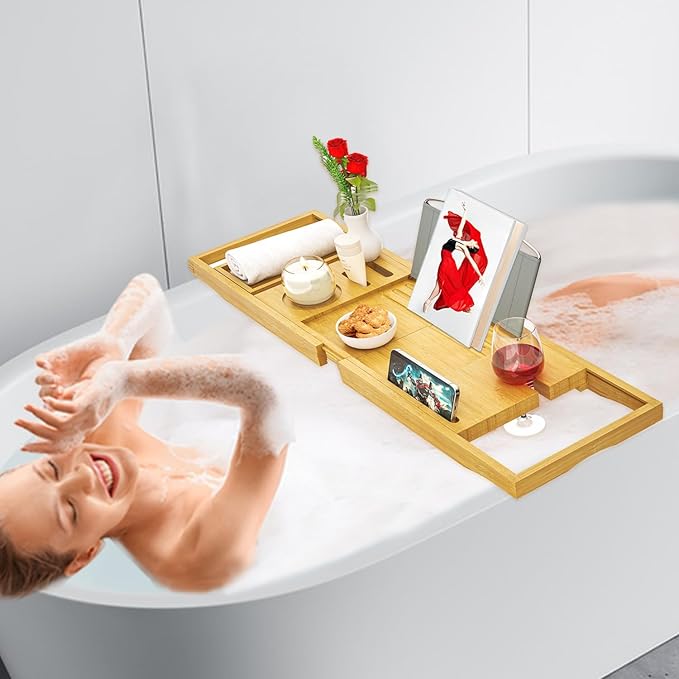 Premium Bathtub Tray Caddy, Expandable Bath Tray for Bath Tub, Bath/Bathtub Table Tray, Great House Warming, Anniversary & Wedding and Unique Birthday Gifts