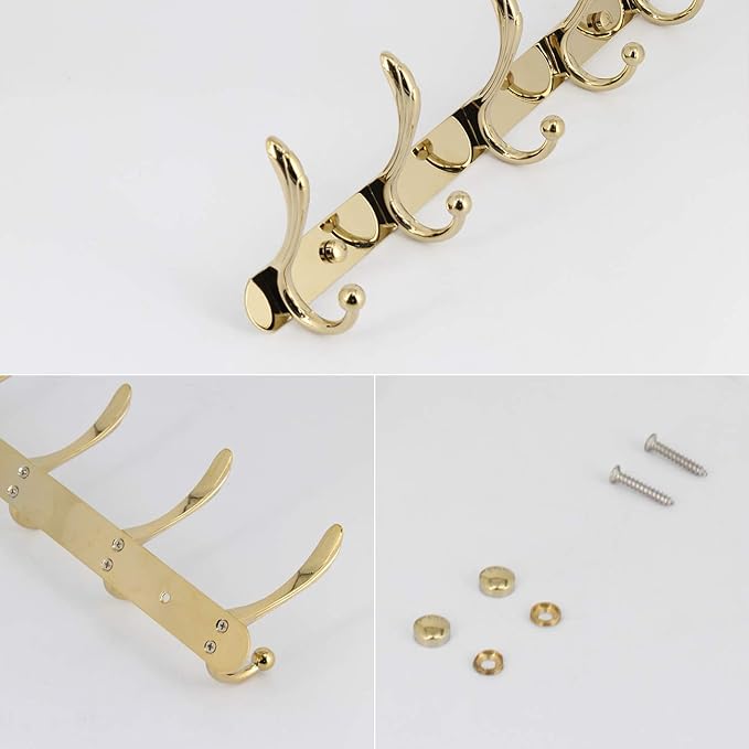 Coat Rack Wall Mounted - 5 Tri Hooks, Heavy Duty, Metal Coat Hook Rail for Coat Hat Towel Purse Robes Mudroom Bathroom Entryway, Gold