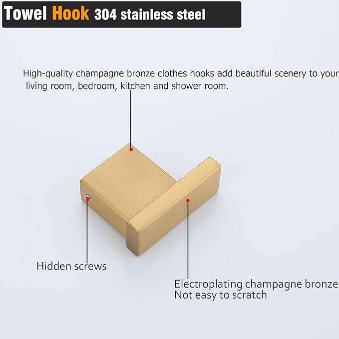 RANDOM Towel Hooks for Bathrooms SUS304 Stainless Steel Hand Towel Holder,Coat Rack Wall Mount Robe Hook,Champagne Bronze.96009-8CB