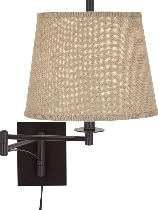 Franklin Iron Works Brinly Farmhouse Rustic Swing Arm Wall Lamp Matte Brown Metal Plug-in 12" Fixture Burlap Hardback Drum Shade for Bedroom Bedside Living Room Hallway Dining House Reading